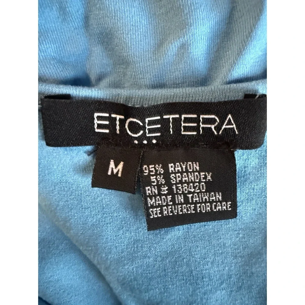Etcetera Womens M Turquoise Blue Ruched V Neck 3/4 Sleeve Stretch Top